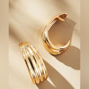 Anthropologie Gold Ribbed Large Huggie Earrings